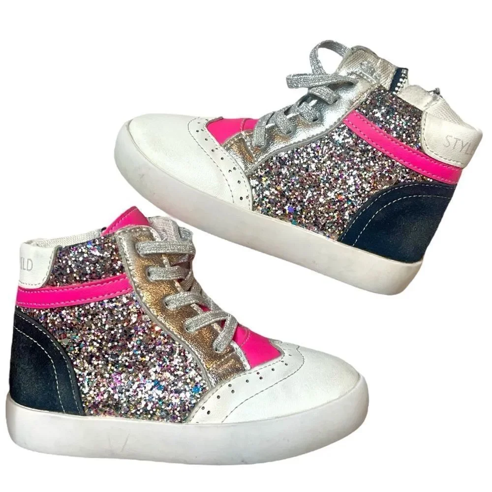 Style Child Ella High Top Sneakers Pink White &‎ Black Glitter Size EU 24 US 8